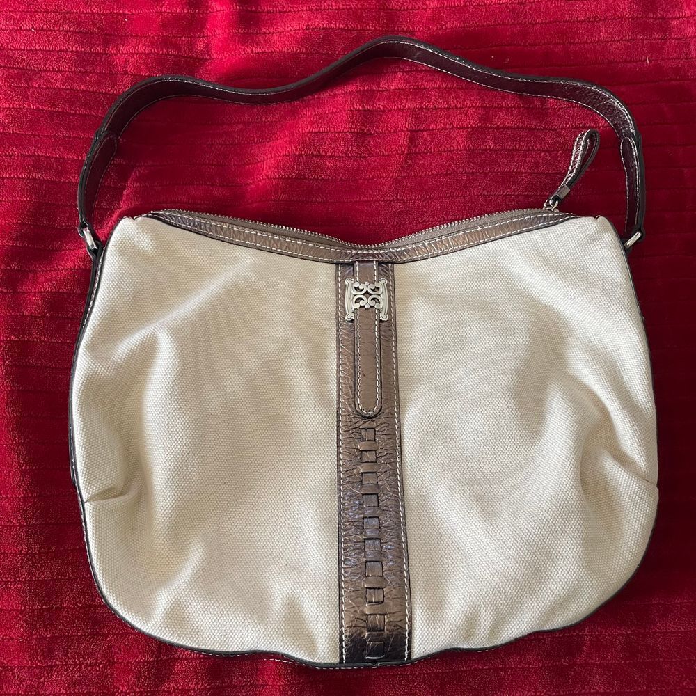 Brighton RARE canvas metallic cream hobo shoulder bad handbag purse bag shimmer
